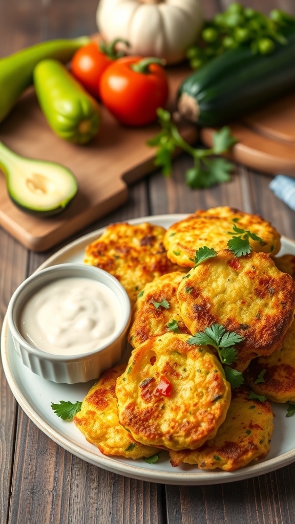 Easy Frozen Zucchini Recipes Golden zucchini fritters on a plate with herbs and dipping sauce, set in a rustic kitchen.